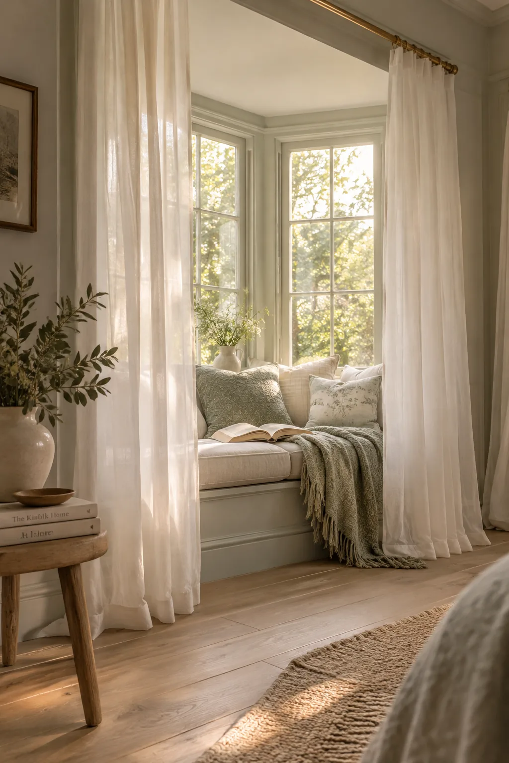 Sheer curtains hanging from a tension rod across the opening of a deep bay window