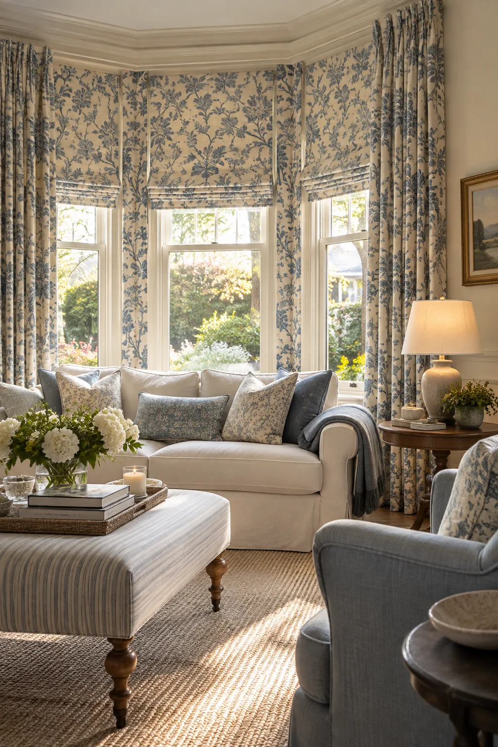 Floral patterned fabric shades matching the floral drapes framing a bay window