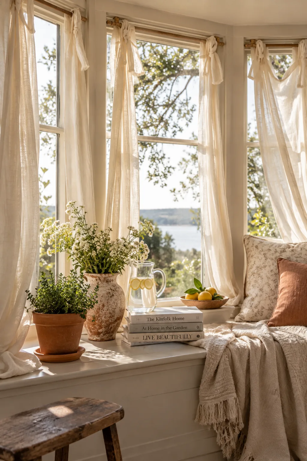 Lightweight cotton tie-top curtains hanging on short individual rods in a bay window