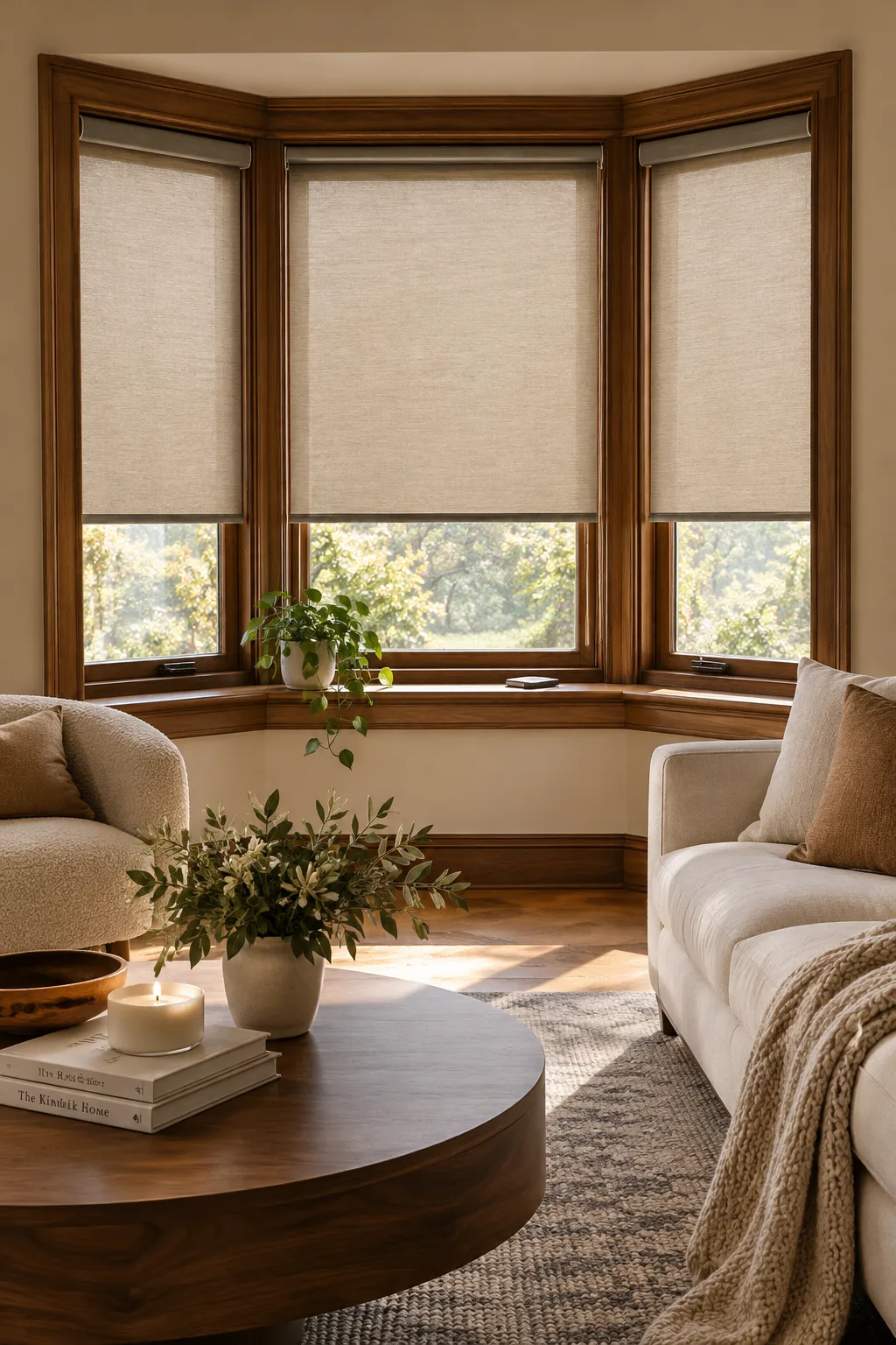 Clean, cordless motorized smart blinds lowering in a modern bay window