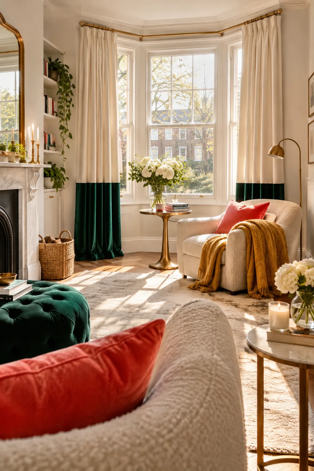 Curtains with a white top and dark velvet bottom framing a bay window