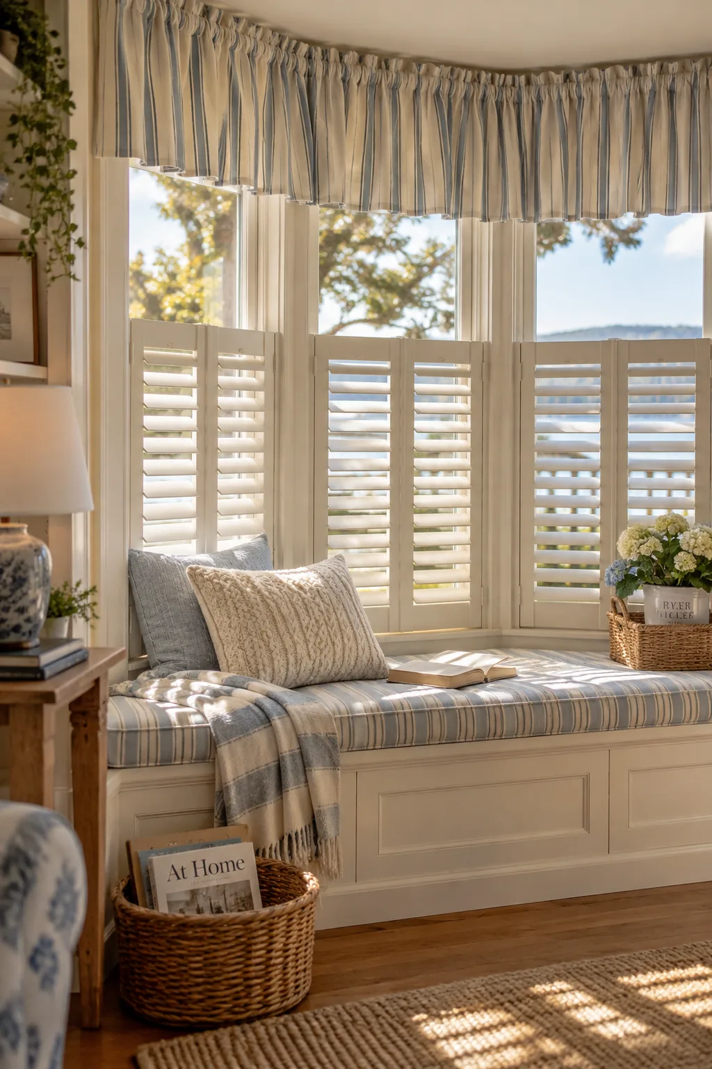 White plantation shutters on lower bay windows with a soft fabric valance above