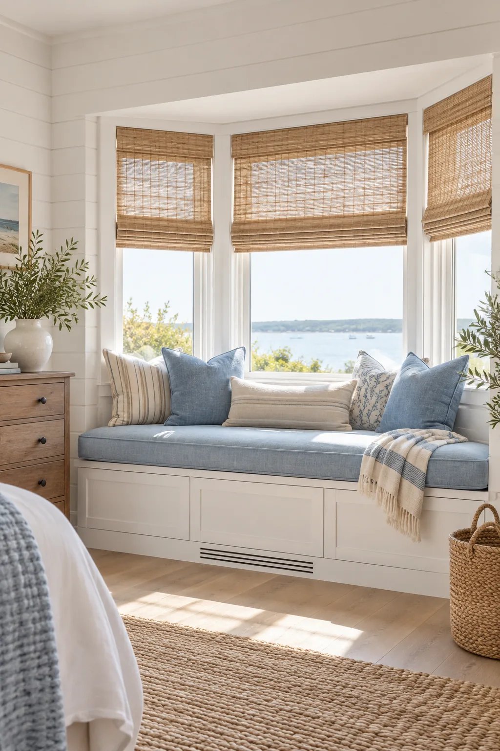 A coastal style window seat with a light blue linen cushion and a white shiplap base.