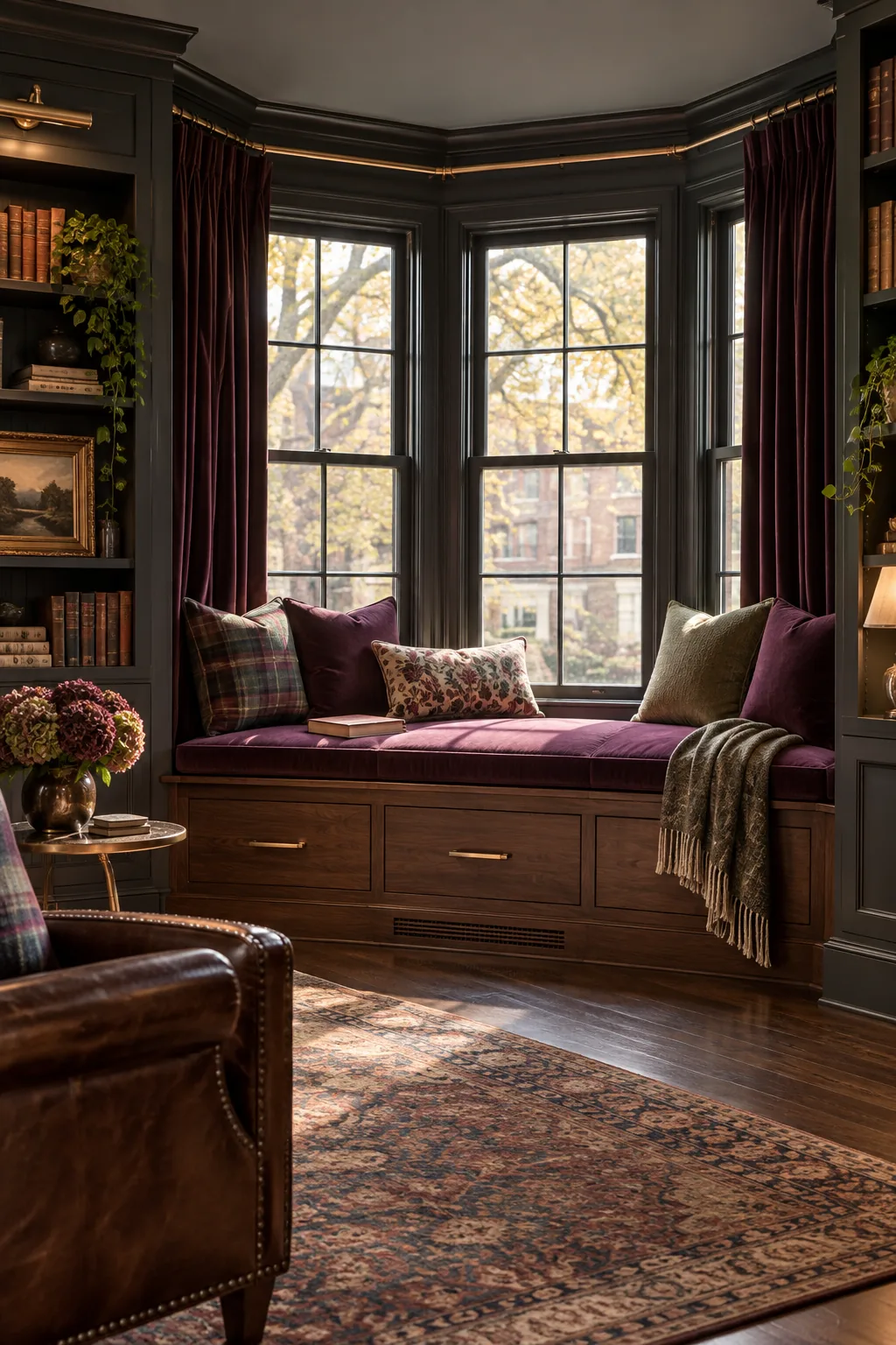 A moody library window seat featuring a dark plum velvet cushion and a walnut wood base.