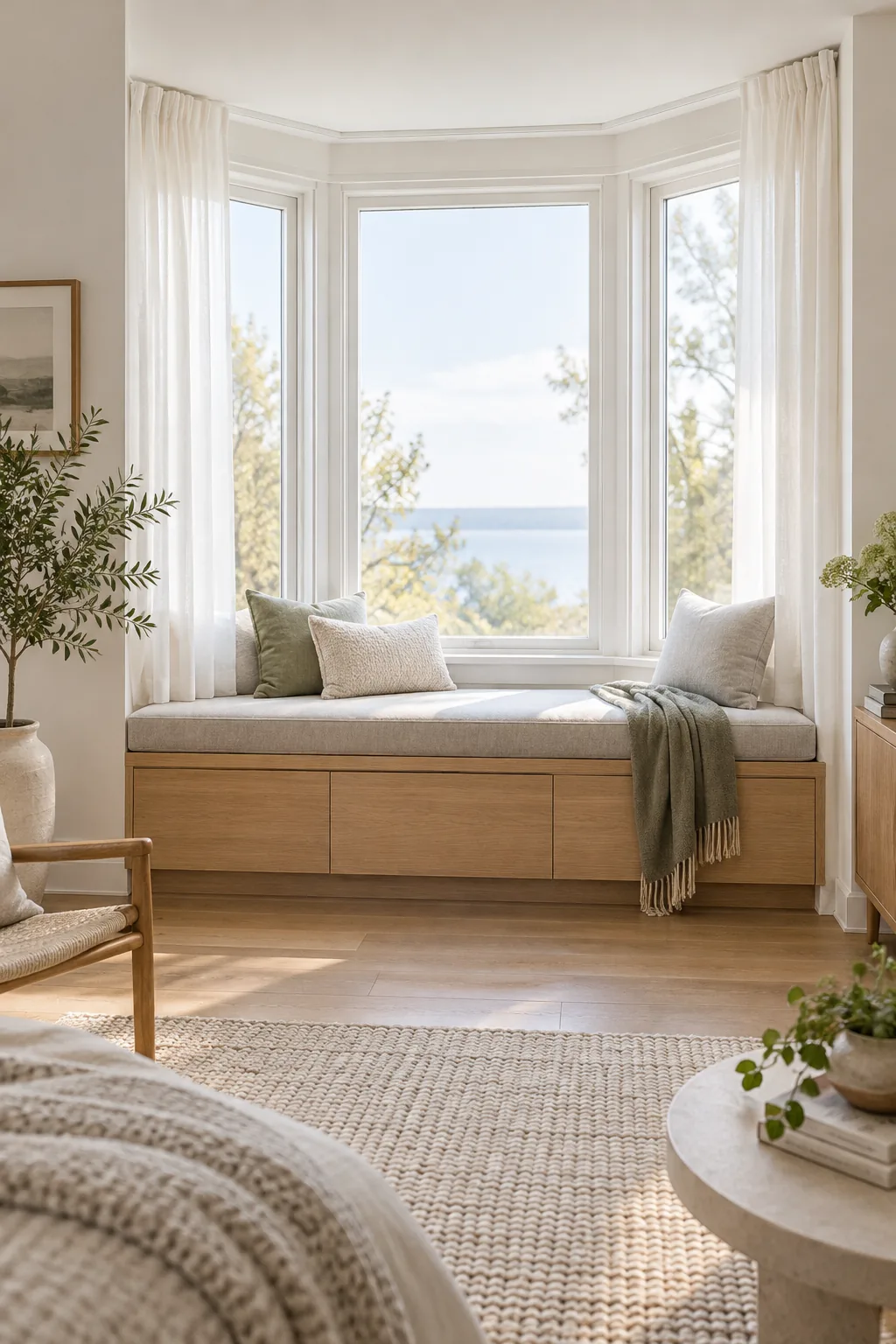 A minimalist modern window seat with a pale gray wool cushion and a flat-panel oak base.
