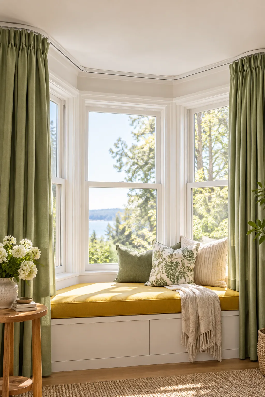 A bendable curtain track mounted to the ceiling of a bay window, holding green curtains.