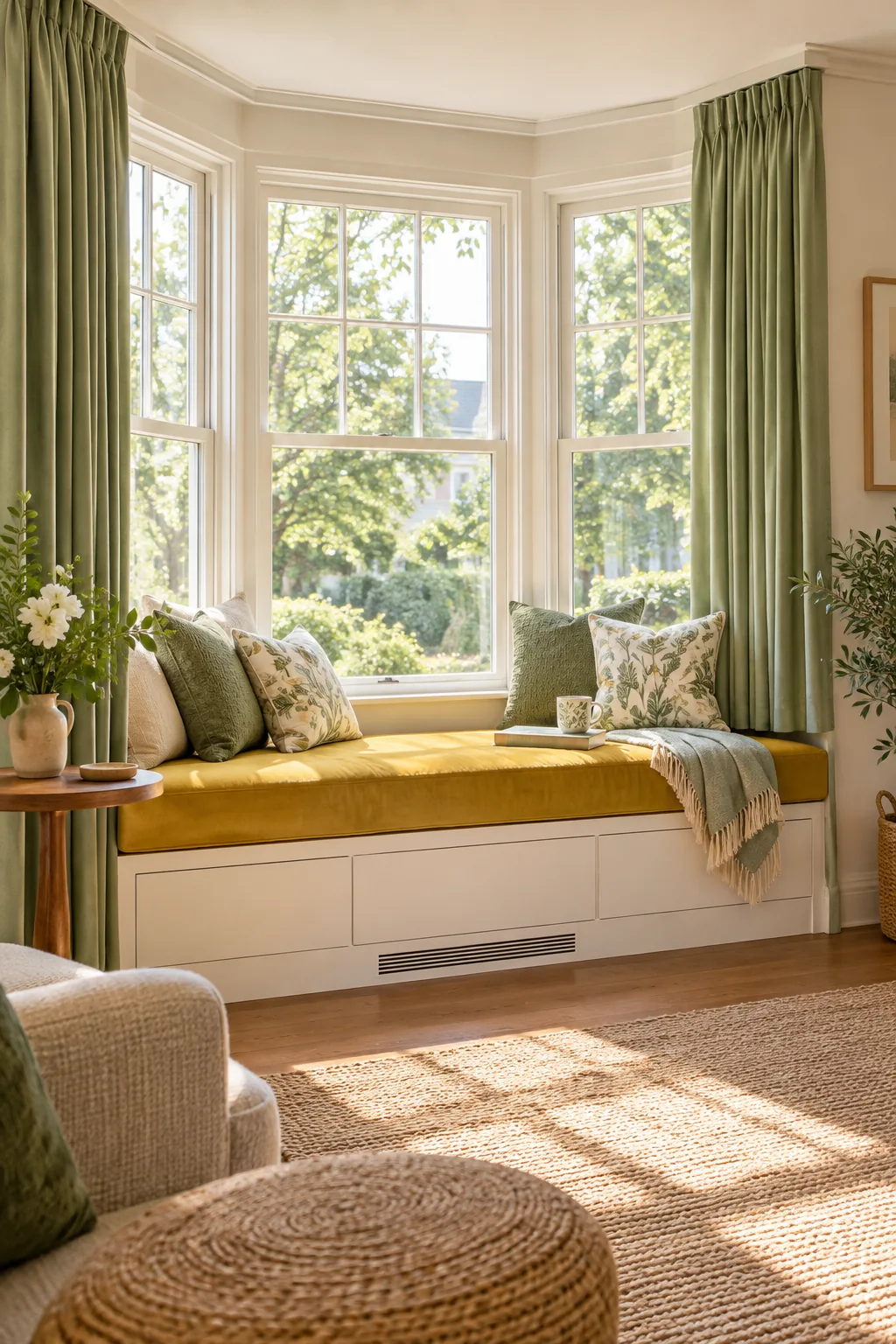 A close-up of a thick yellow velvet window seat cushion supporting a book and a mug.