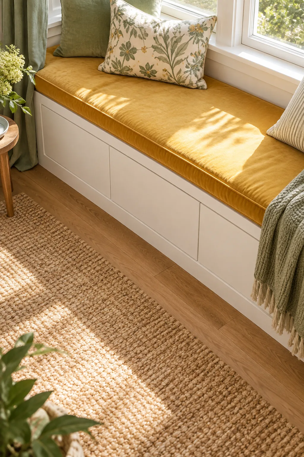 The white base of a window seat featuring perfectly flush, handle-free drawer fronts.
