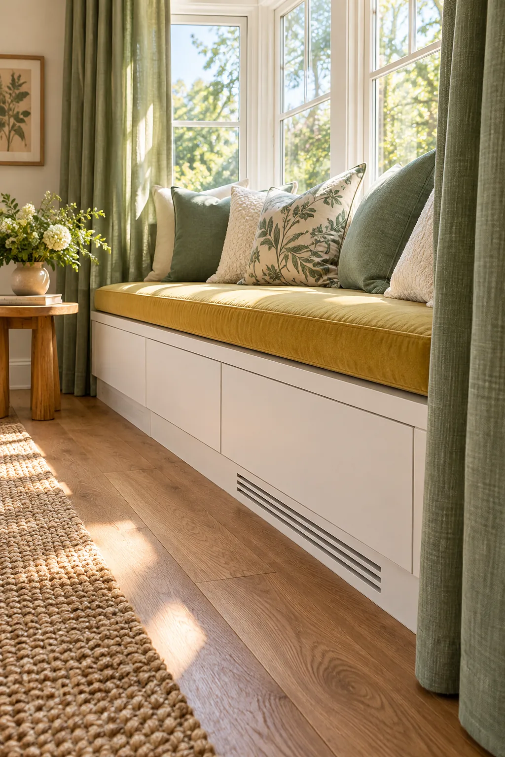 A white baseboard under a window seat with cleanly routed horizontal slots for a toe-kick vent.