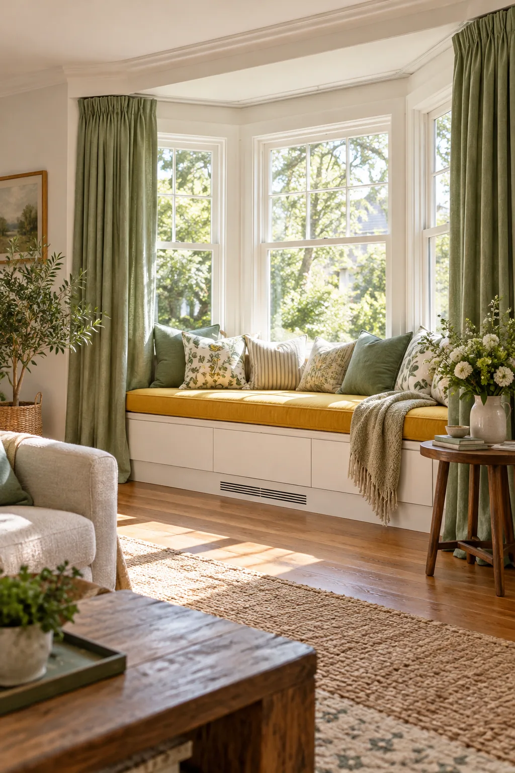 A fully styled bay window seat with a yellow cushion, green pillows, and a small side table.