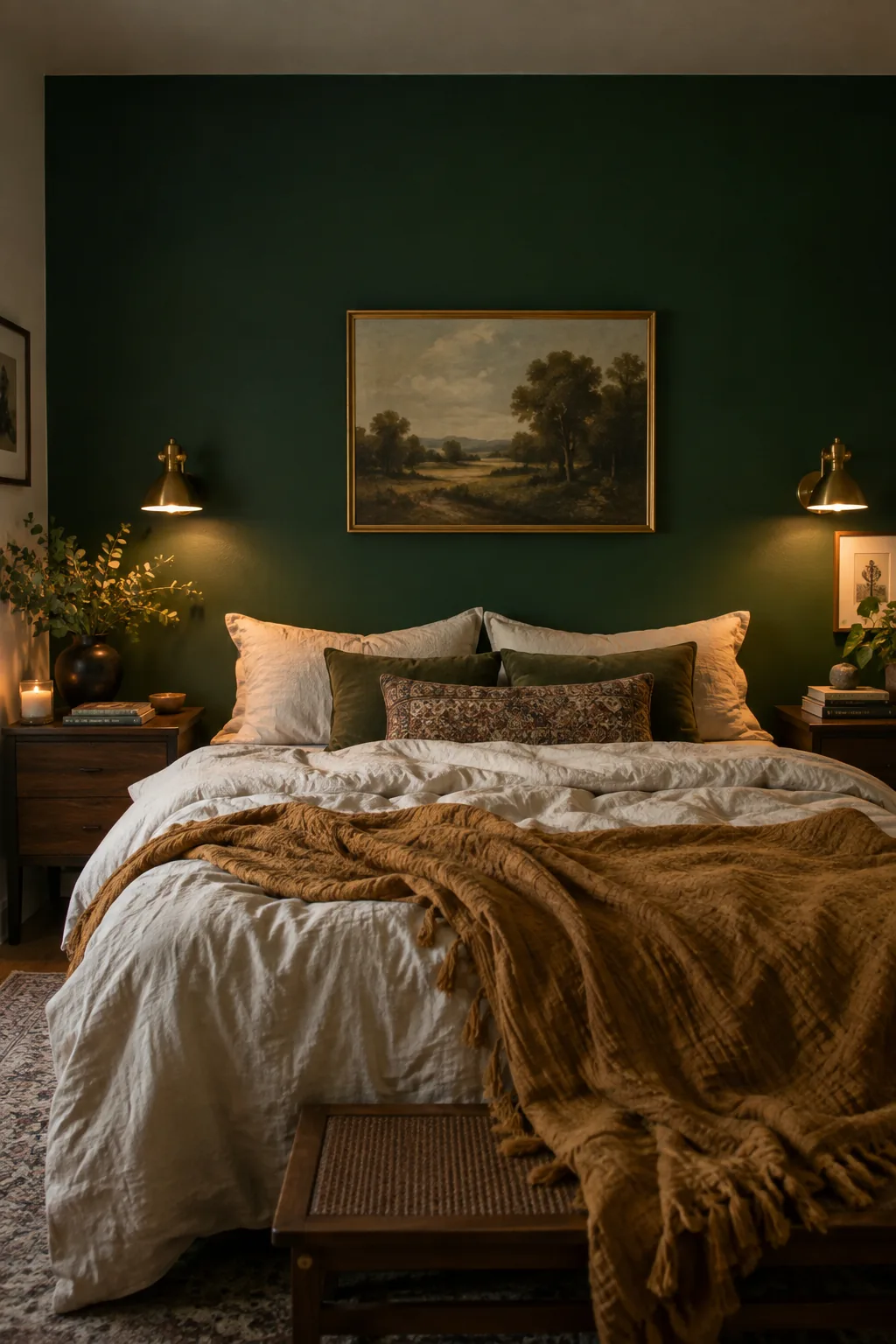 Bedroom with a dark emerald green painted accent wall behind a wooden bed