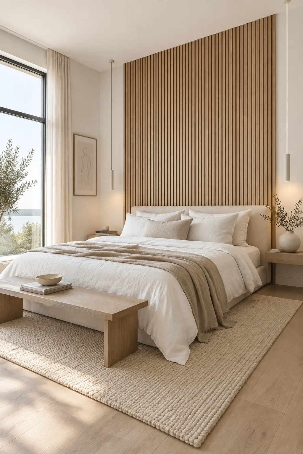 Modern bedroom featuring vertical wood slat panels behind a platform bed