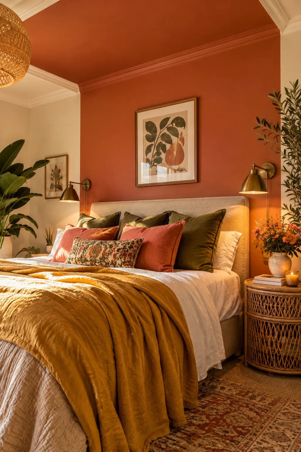 Bedroom where the terracotta wall paint extends two feet onto the ceiling