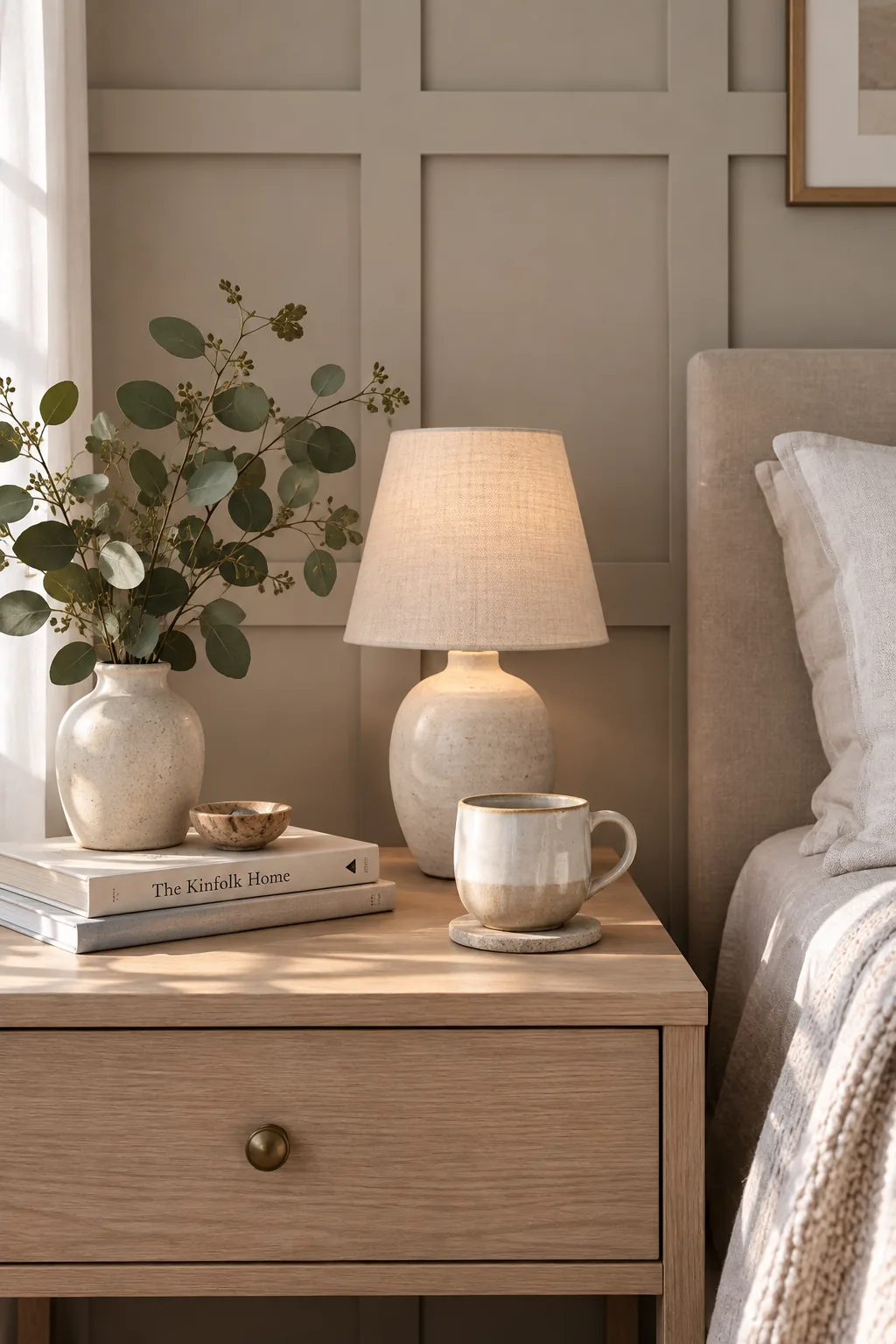 White bedroom with a square grid board and batten accent wall
