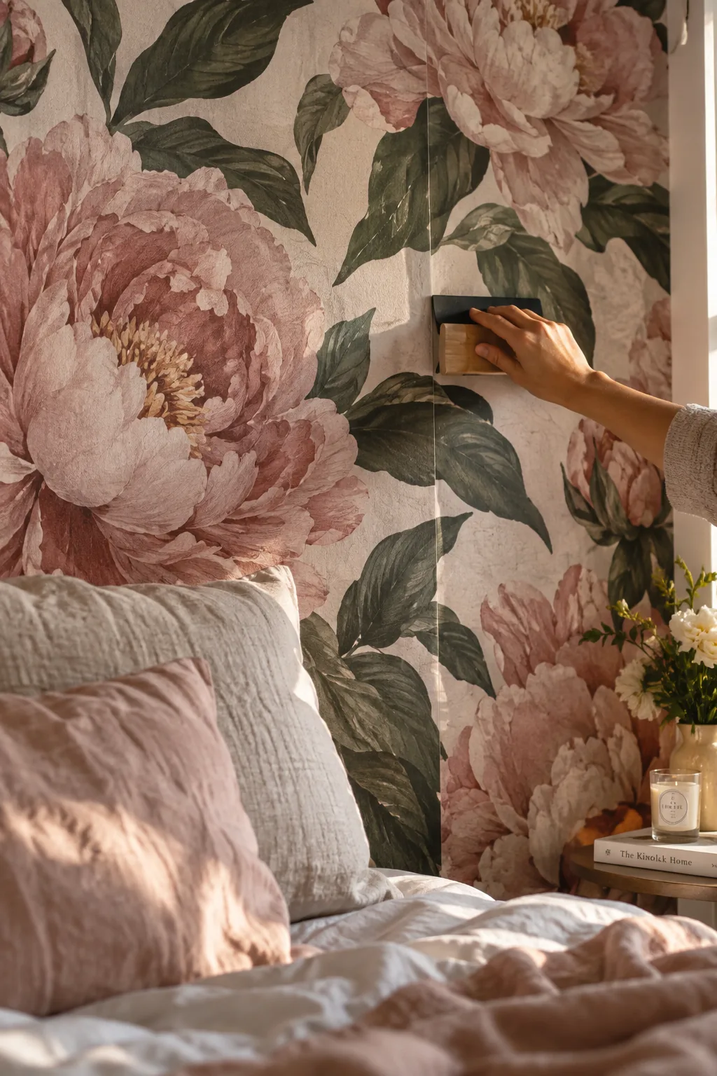 Large scale dark floral wallpaper mural behind a simple bed