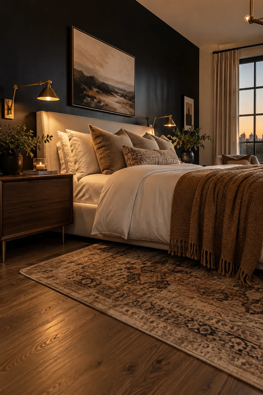 Sophisticated bedroom with a solid black accent wall and brass sconces
