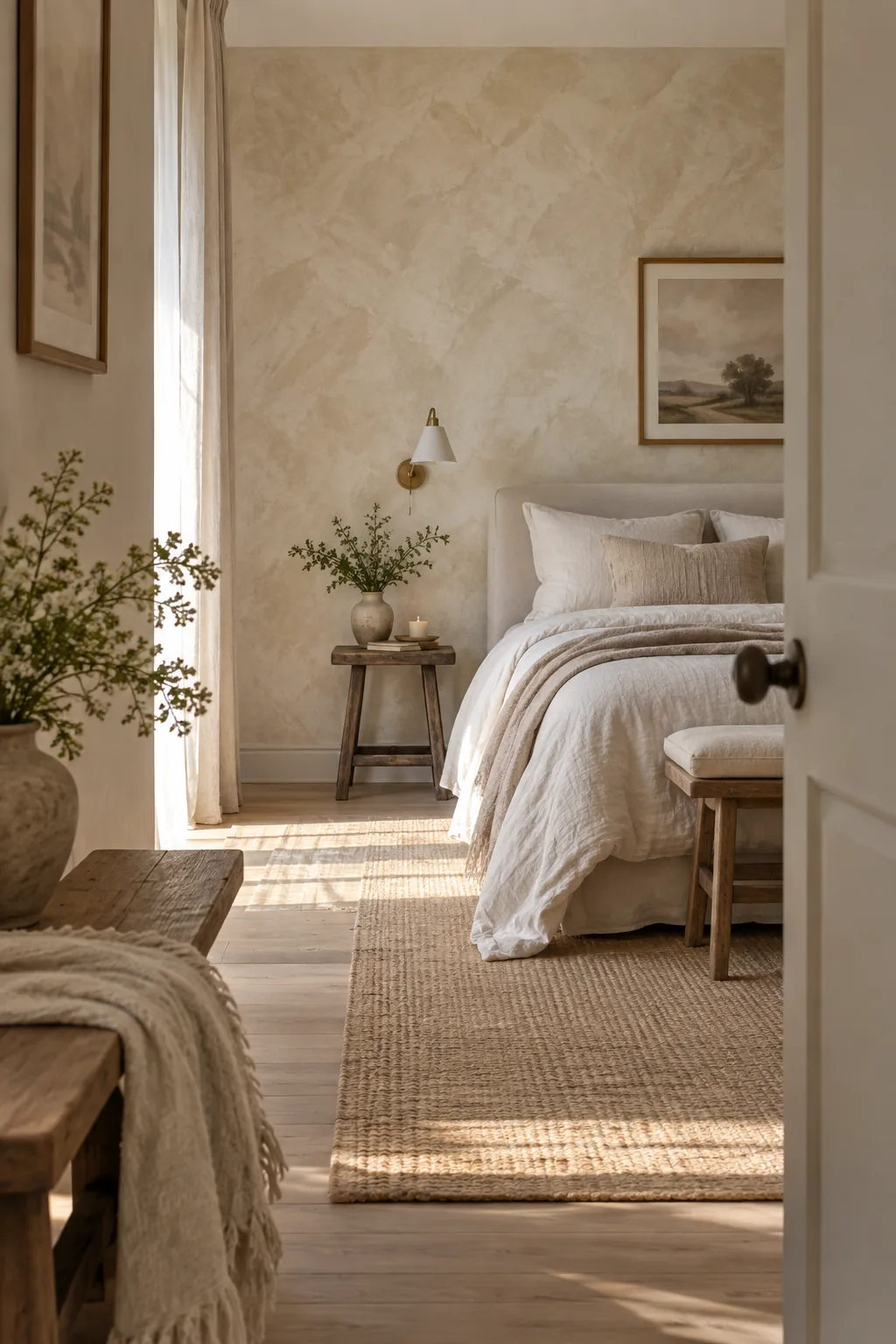 Bedroom wall featuring beige limewash paint with a cloudy texture