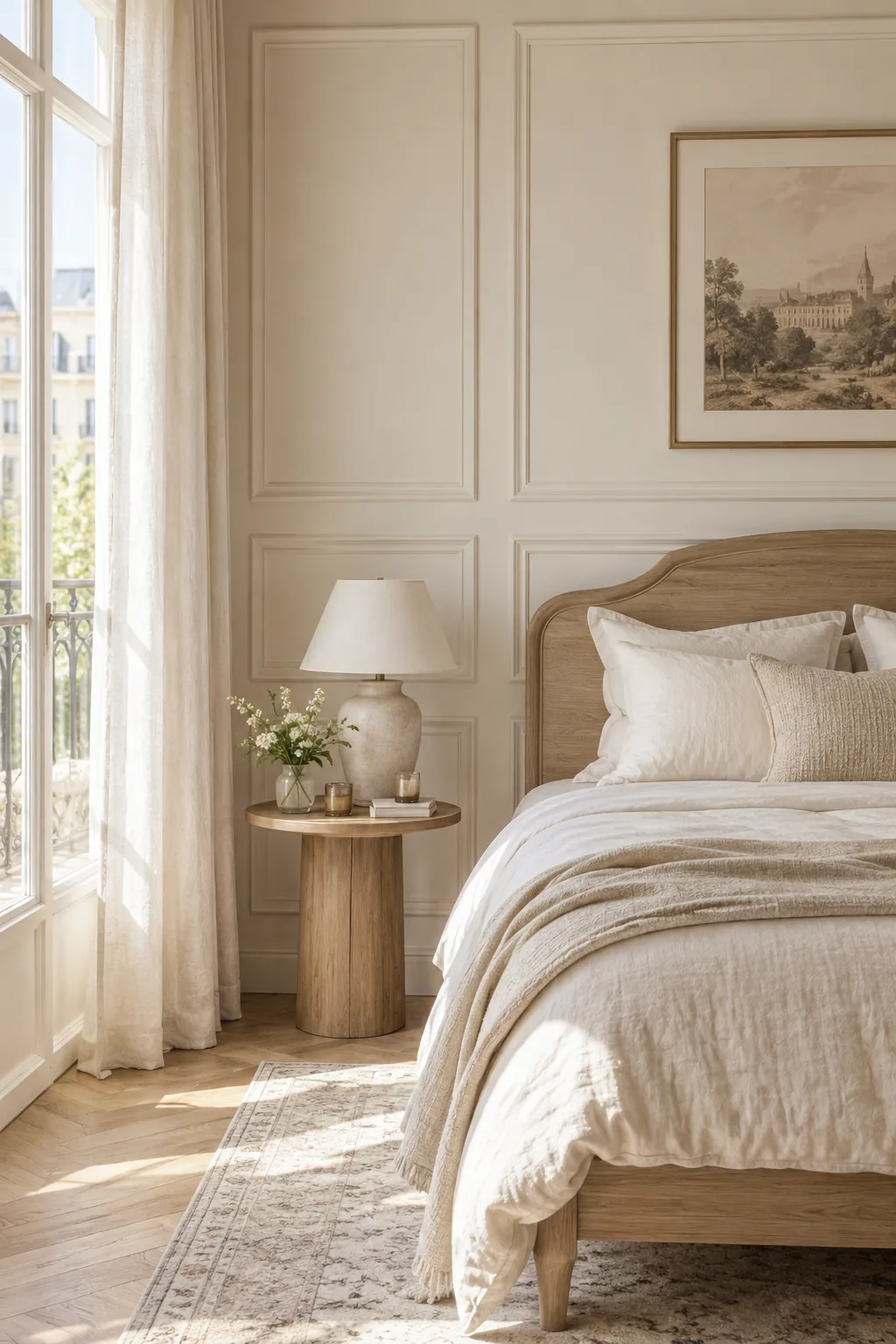 Elegant bedroom with painted picture frame molding on the main wall