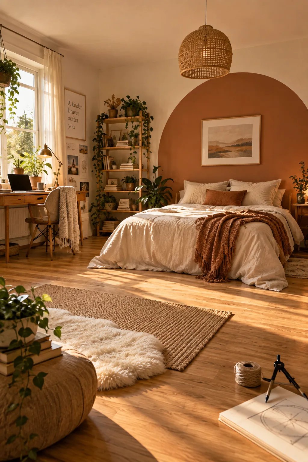Terracotta painted arch on a white wall framing a bed