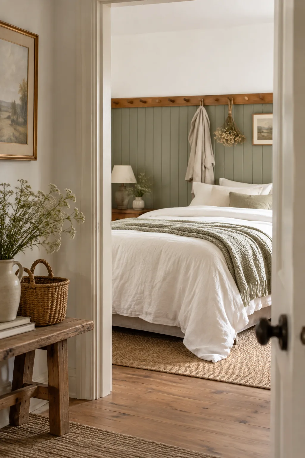 Sage green beadboard wainscoting with a wooden peg rail in a bedroom