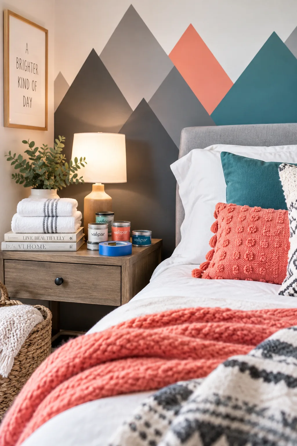 Guest bedroom with a gray geometric mountain mural painted on the wall