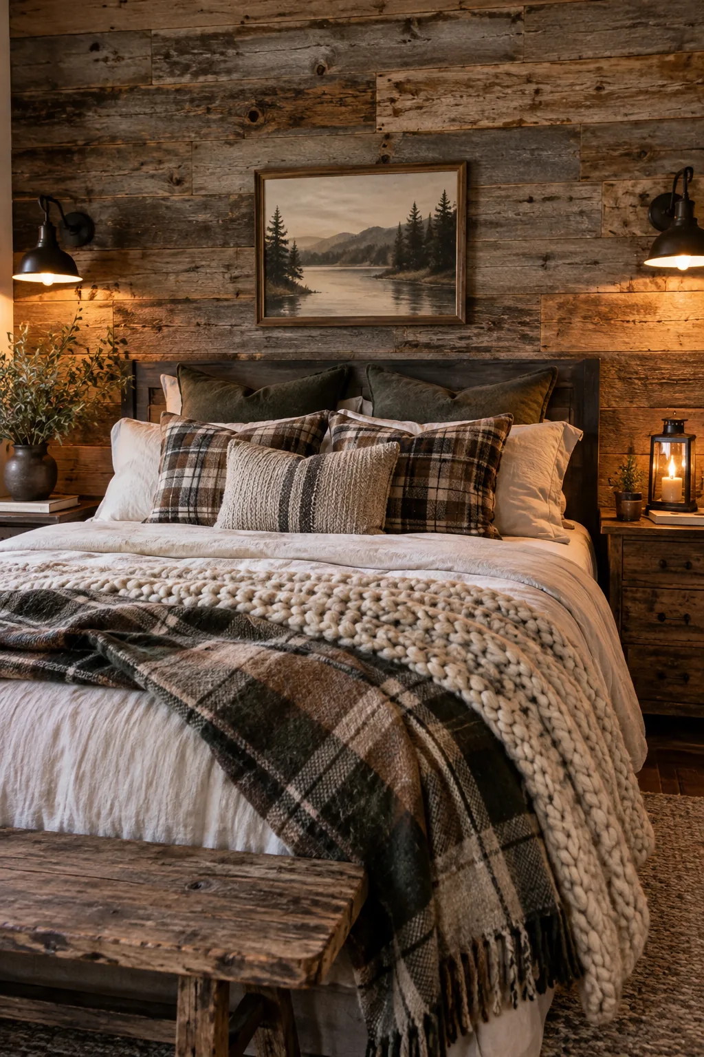 Rustic bedroom wall covered in weathered reclaimed wood planks