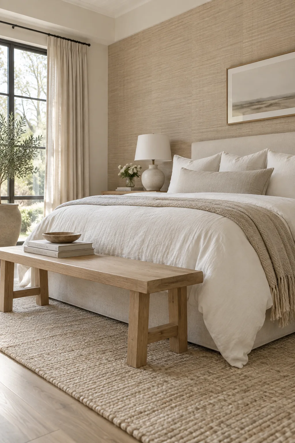 Neutral bedroom featuring textured grasscloth wallpaper behind the bed