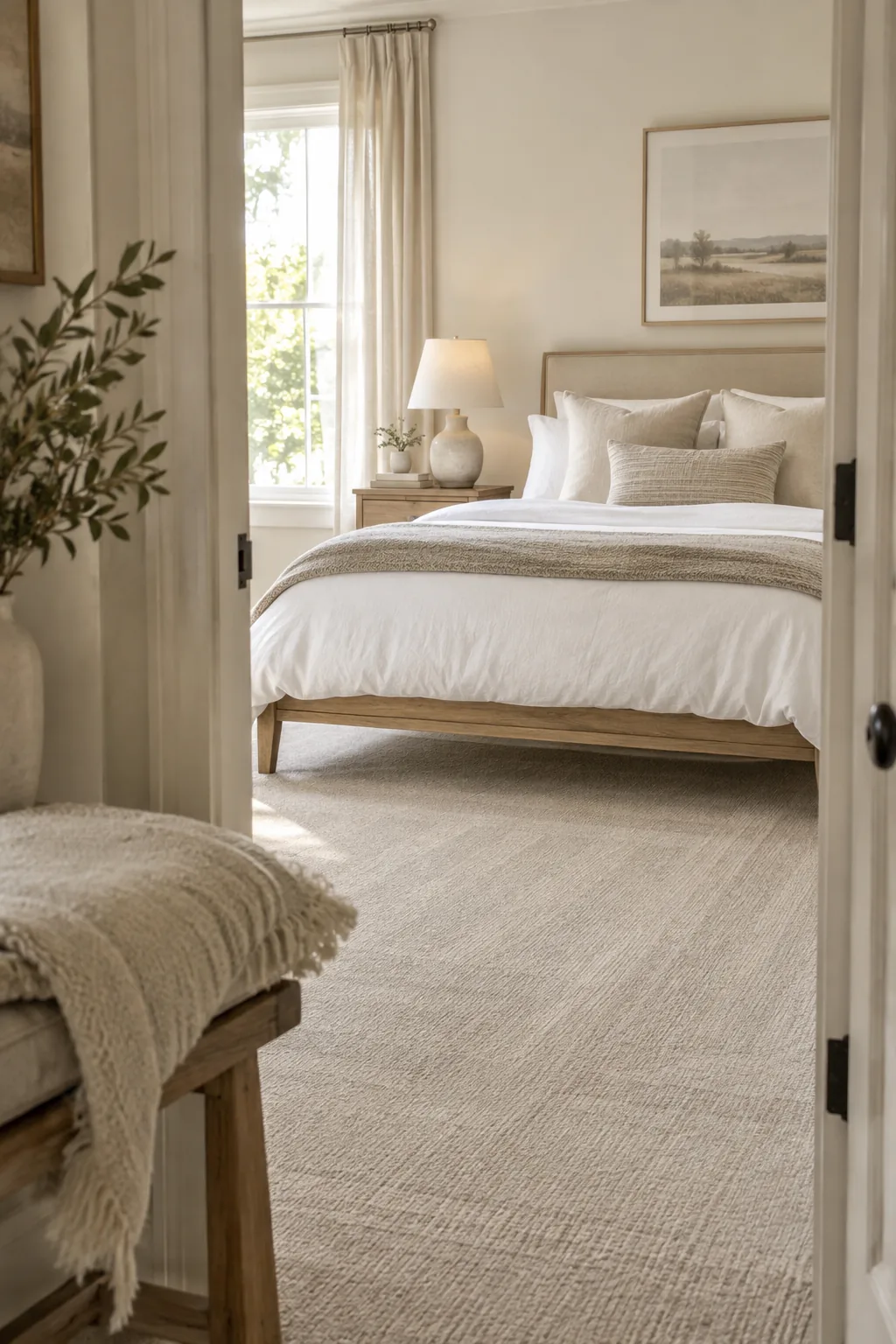 Neutral low-pile carpet in a bright modern bedroom