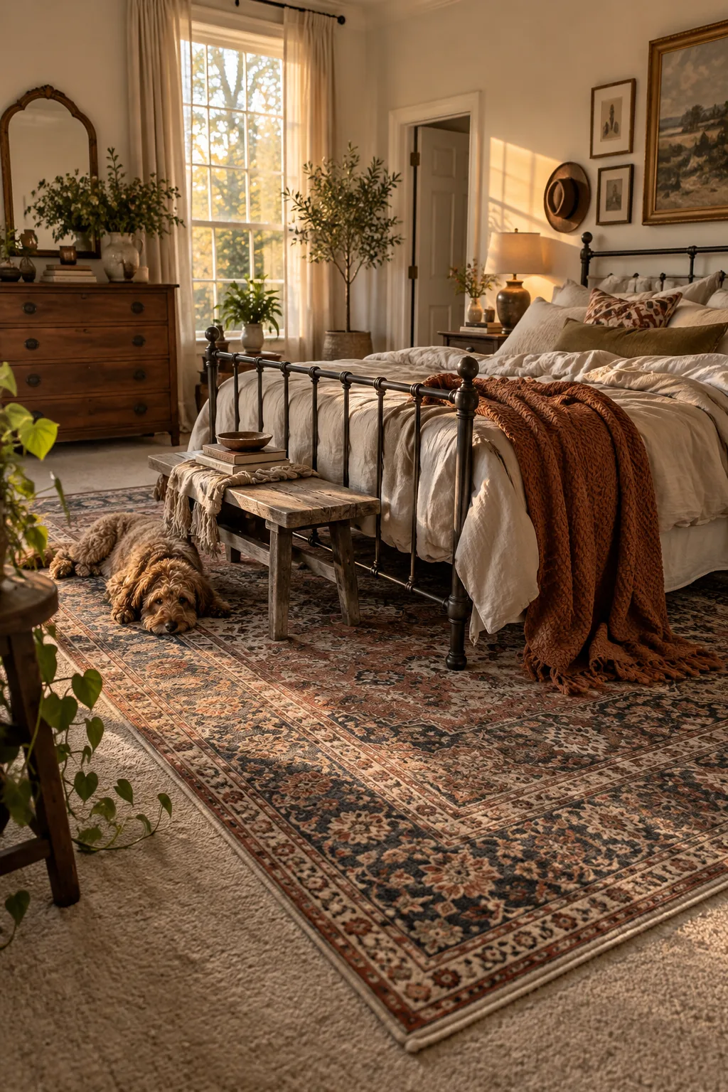 Faded vintage rug layered over beige bedroom carpet