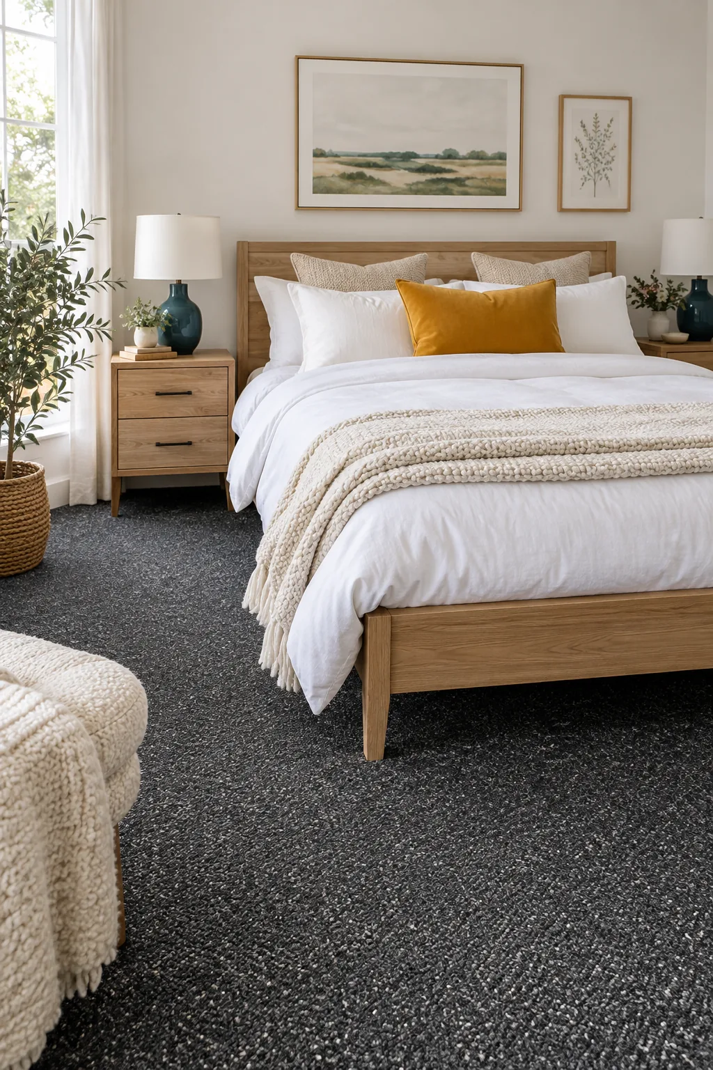 Dark charcoal carpet contrasting with white bedding and oak furniture