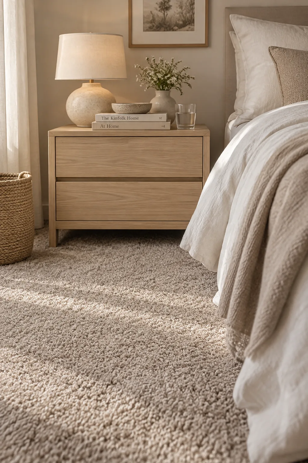 Thick plush taupe carpet in a modern bedroom