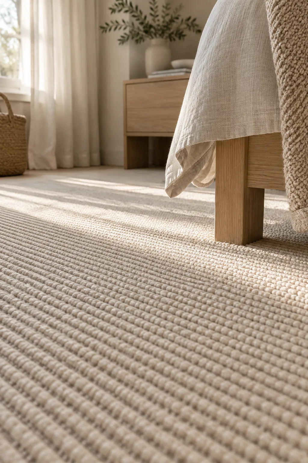 Ribbed textured carpet extending across a narrow bedroom
