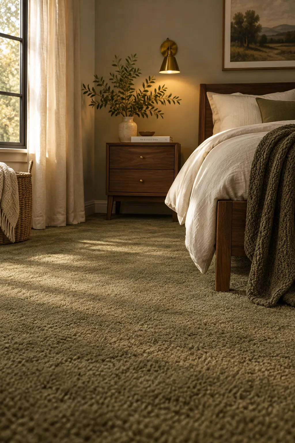 Muted olive green carpet with walnut bedroom furniture