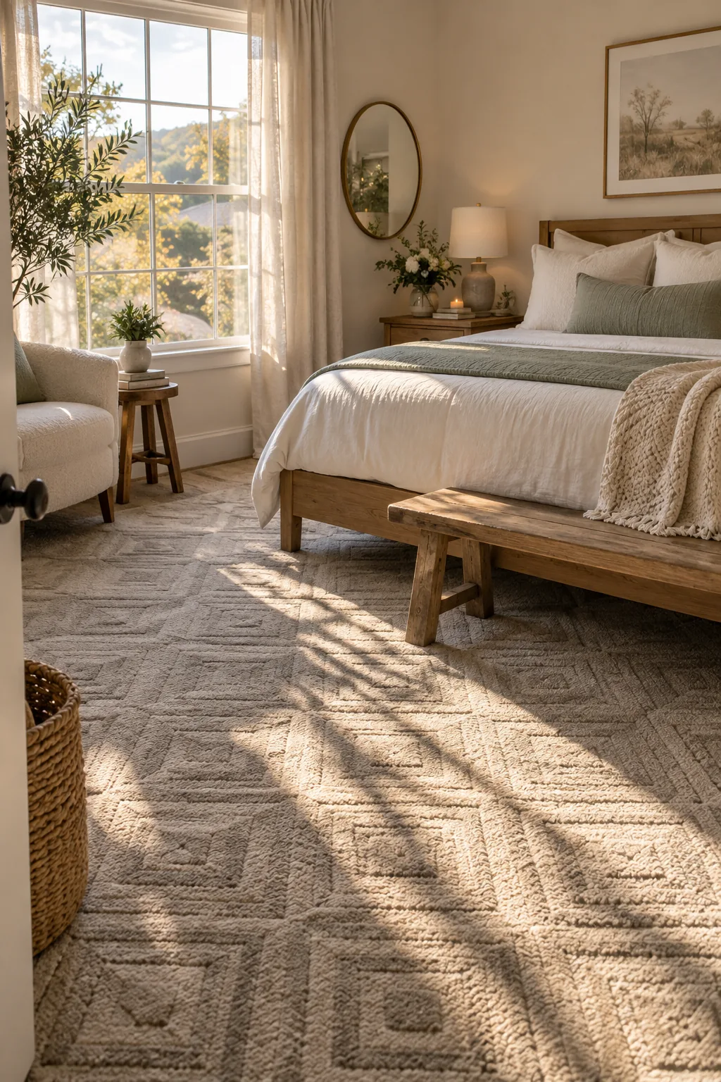 Tone-on-tone geometric pattern in a neutral bedroom carpet
