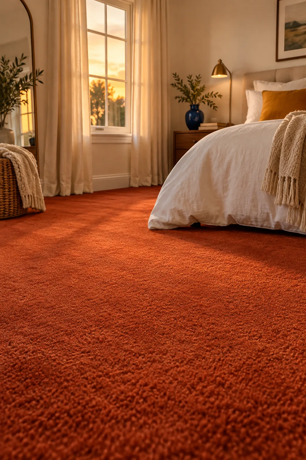 Warm terracotta carpet in a bedroom with white baseboards