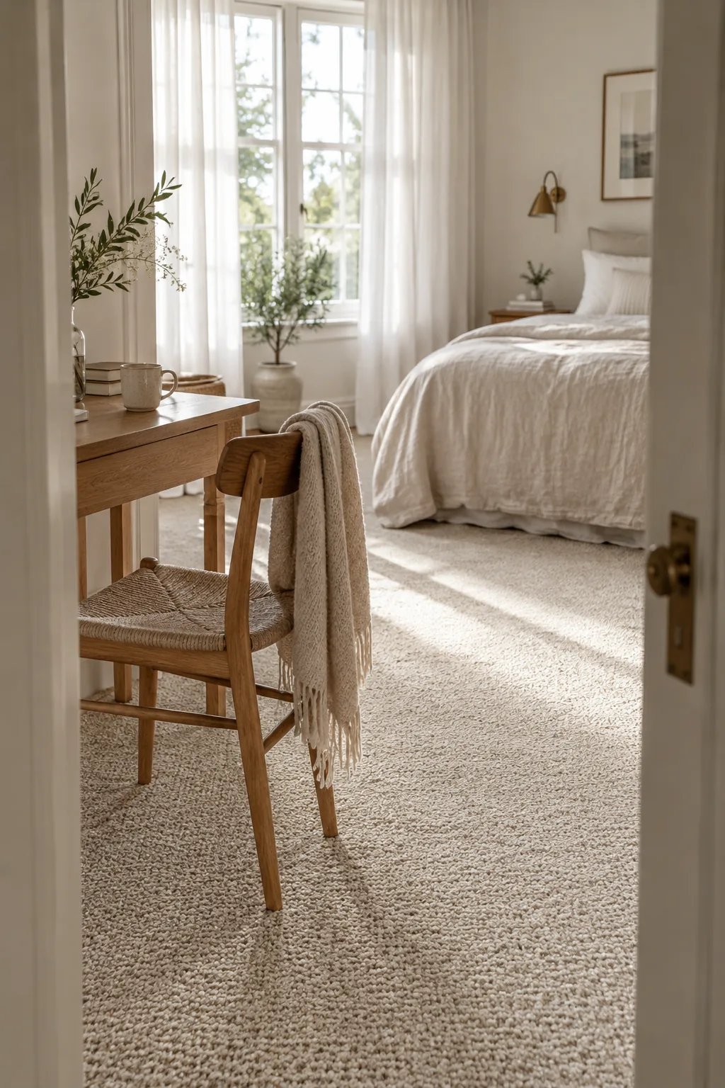 Flecked Berber carpet in a bedroom office combo