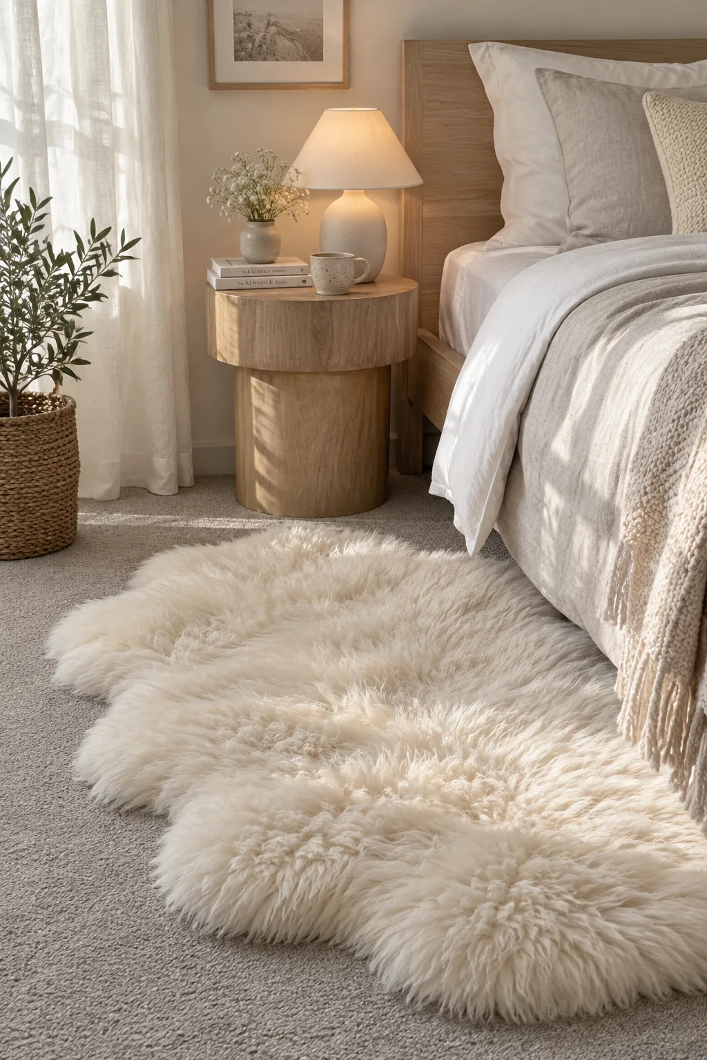 White faux sheepskin rug layered over standard bedroom carpet next to a bed