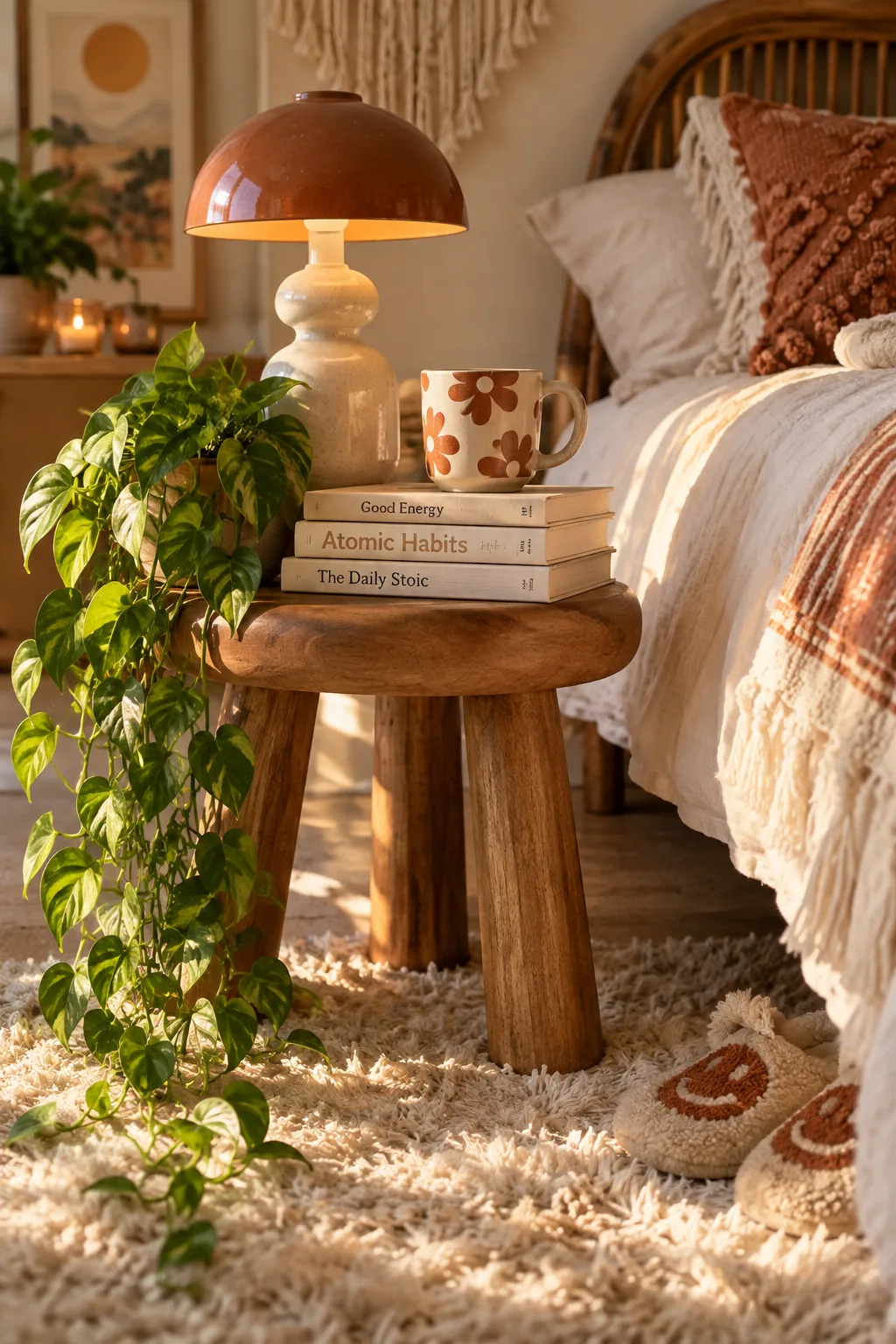 Textured frieze carpet in a relaxed bohemian bedroom