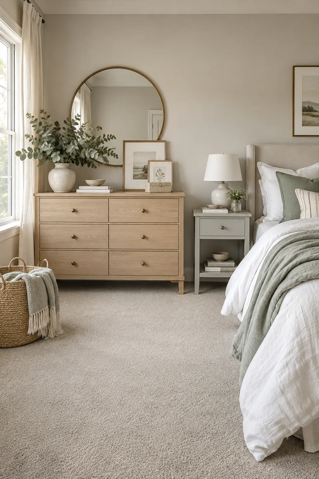 Soft greige carpet blending seamlessly with mixed wood furniture