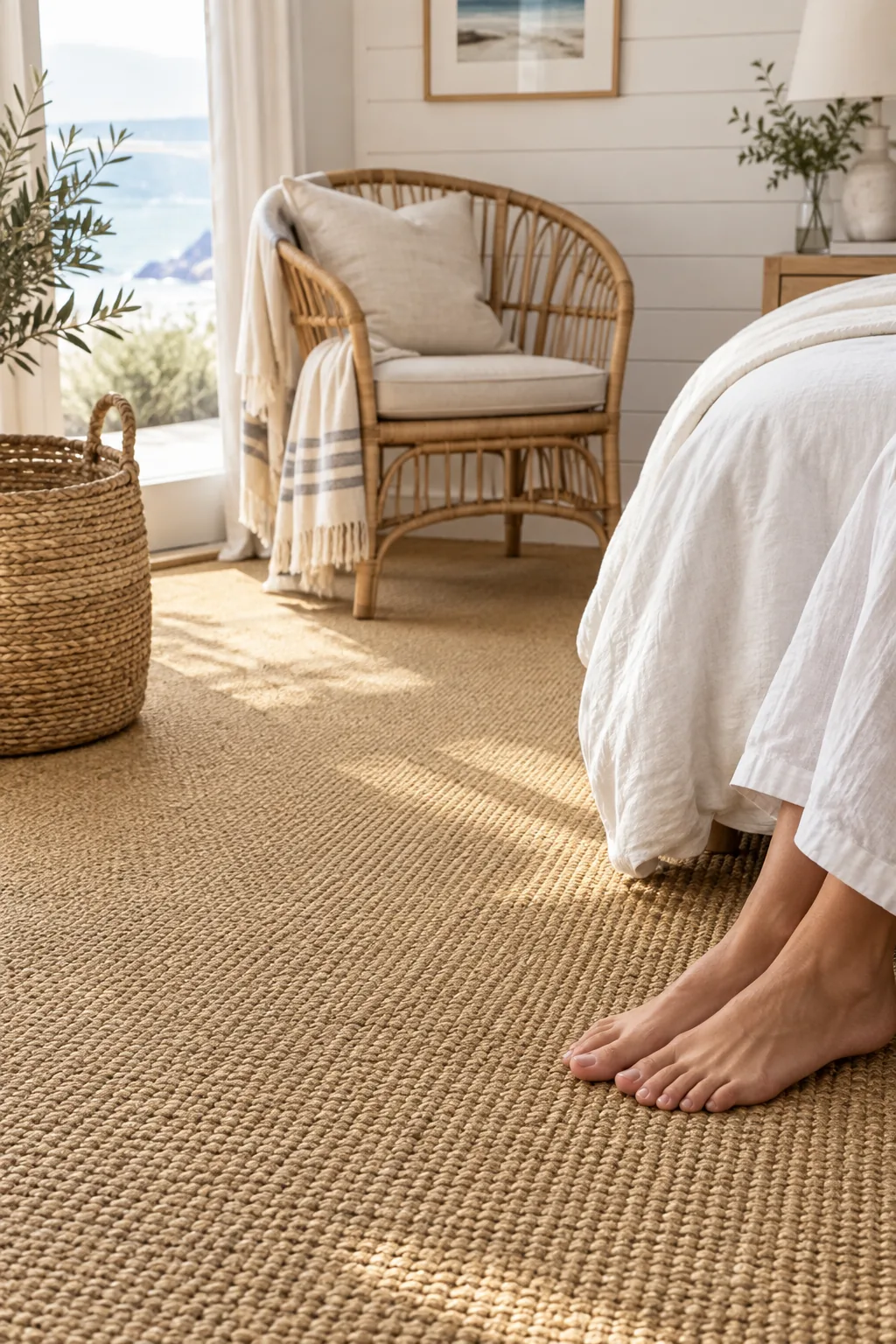 Synthetic sisal carpet in a coastal bedroom with white walls