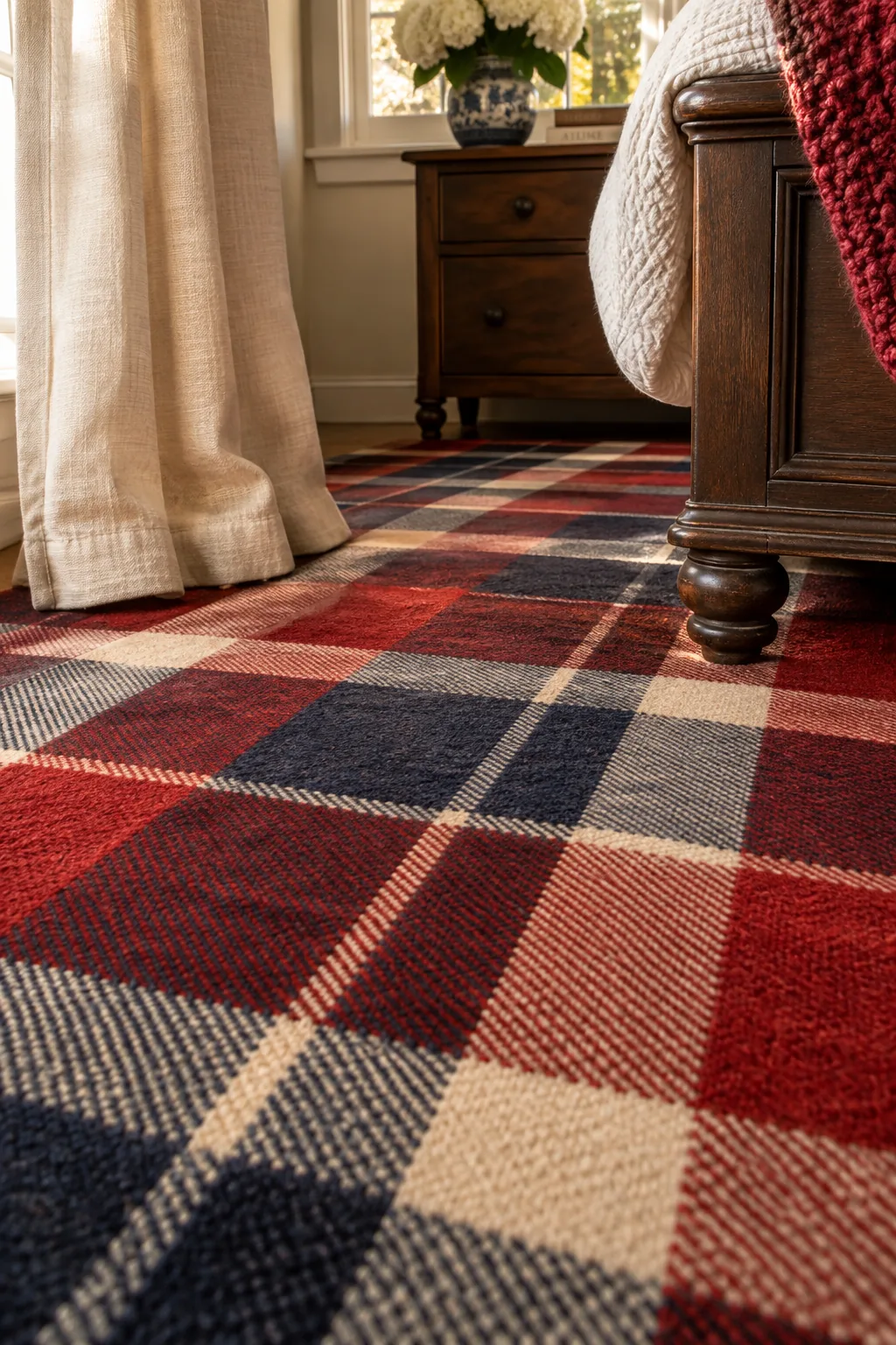 Large-scale plaid patterned carpet in a tailored primary bedroom