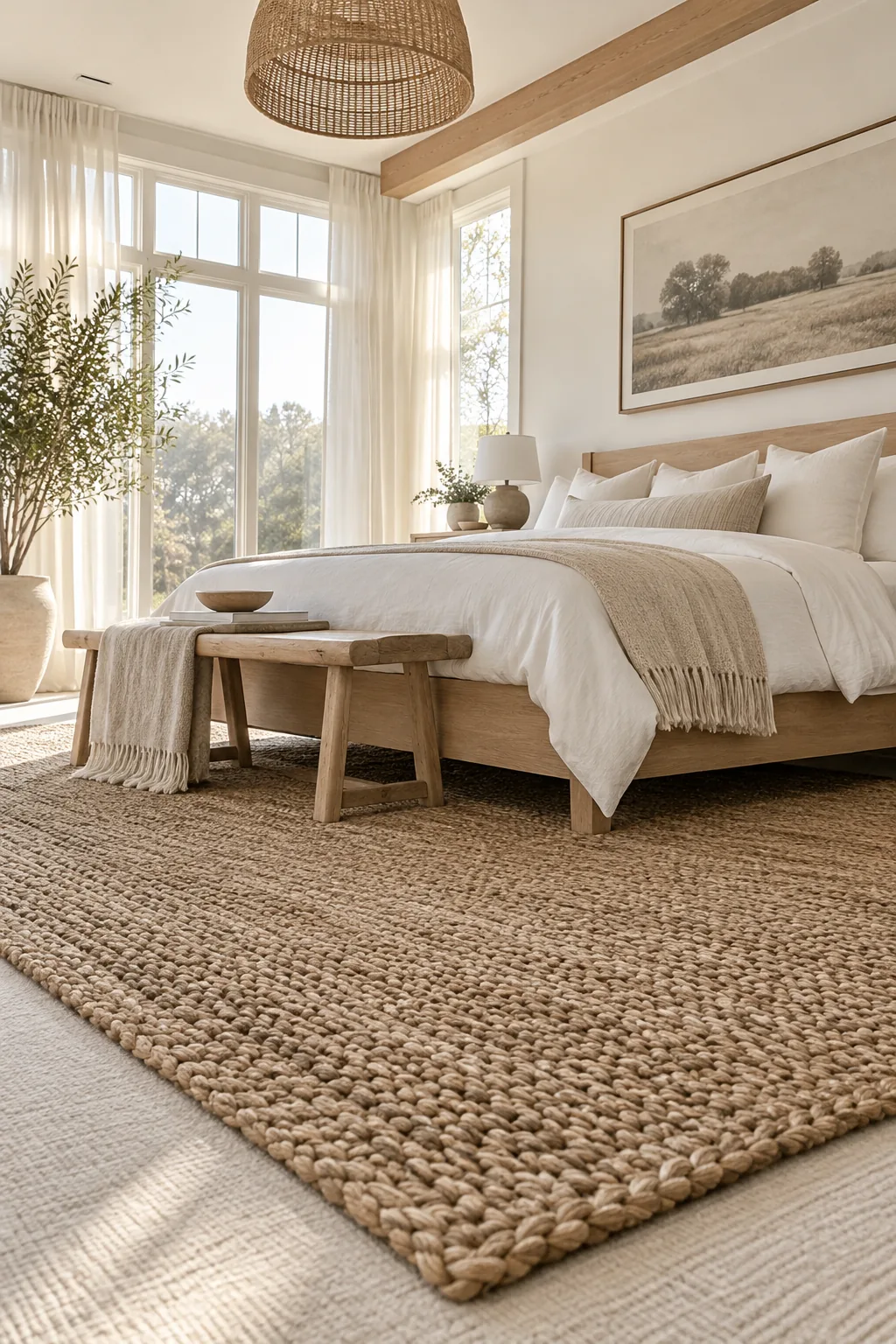 Large chunky jute rug layered under a bed over standard carpet