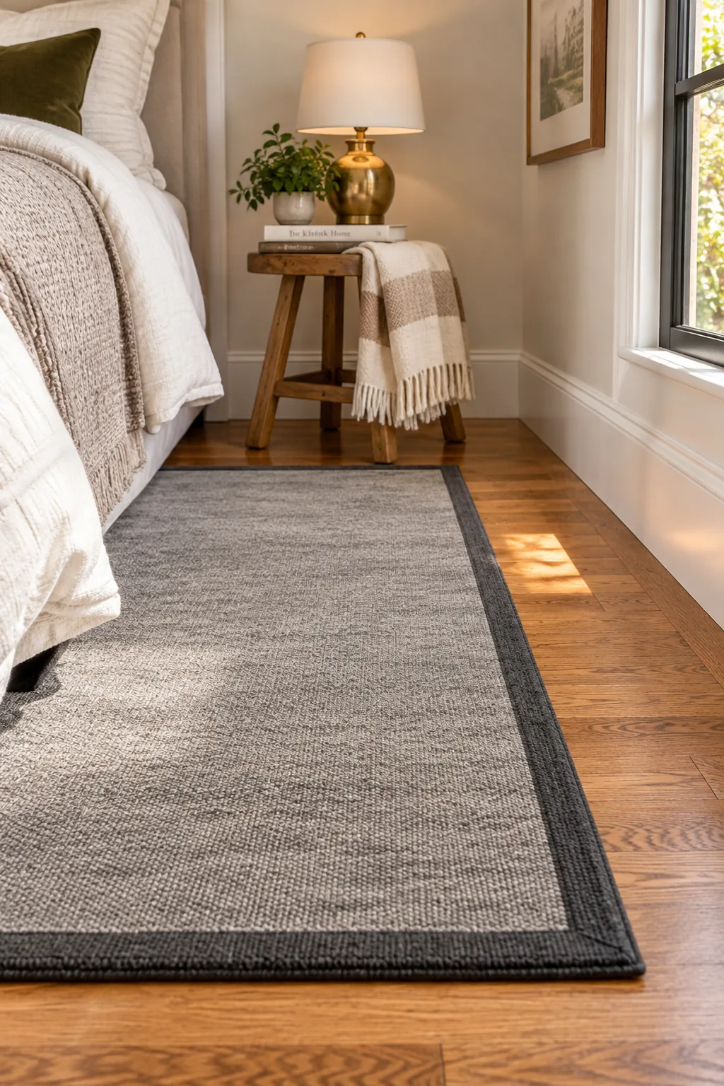 Custom bound carpet showing a 12-inch hardwood border around the room