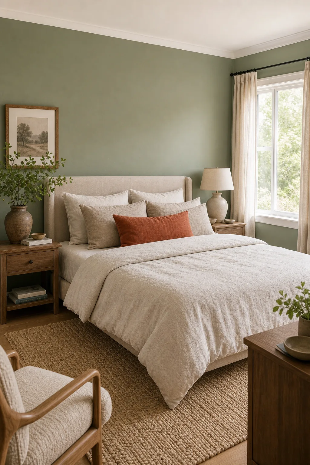 Wide view of a bedroom demonstrating the balance of green walls, neutral bedding, and a rust pillow.