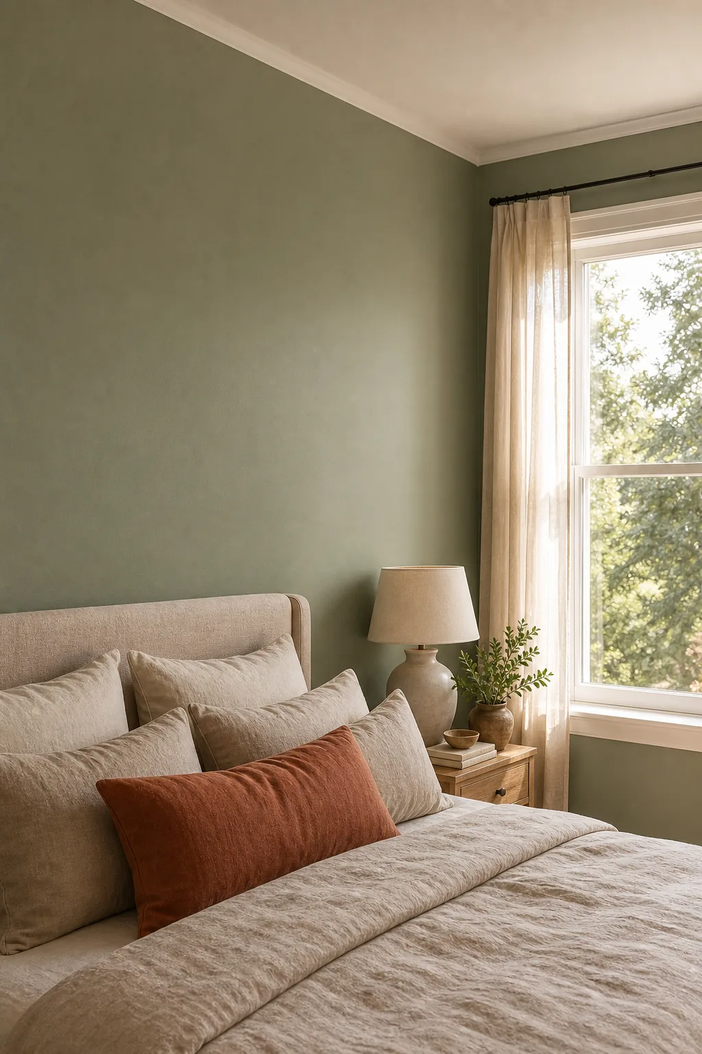 Expansive sage green bedroom wall next to a bright window with sheer curtains.