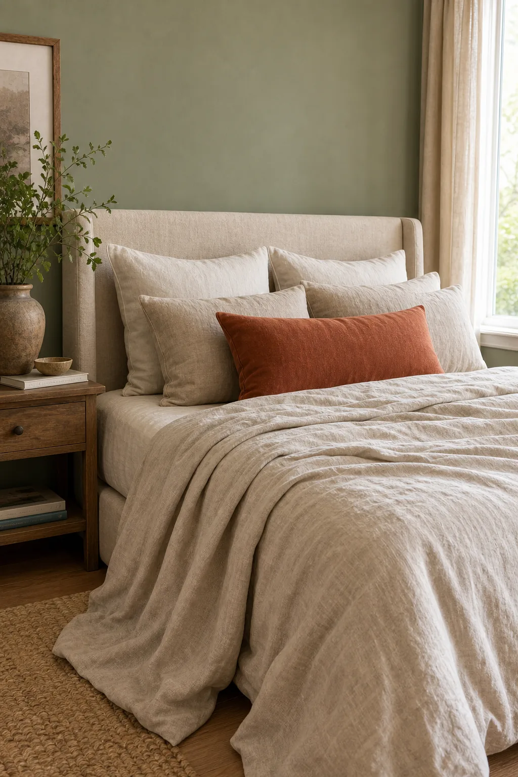 Close-up of textured oatmeal linen bedding against a smooth green wall.