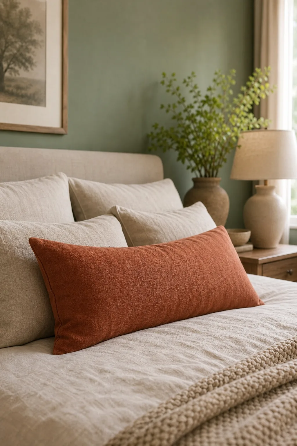 Terracotta lumbar pillow resting on neutral linen bedding.