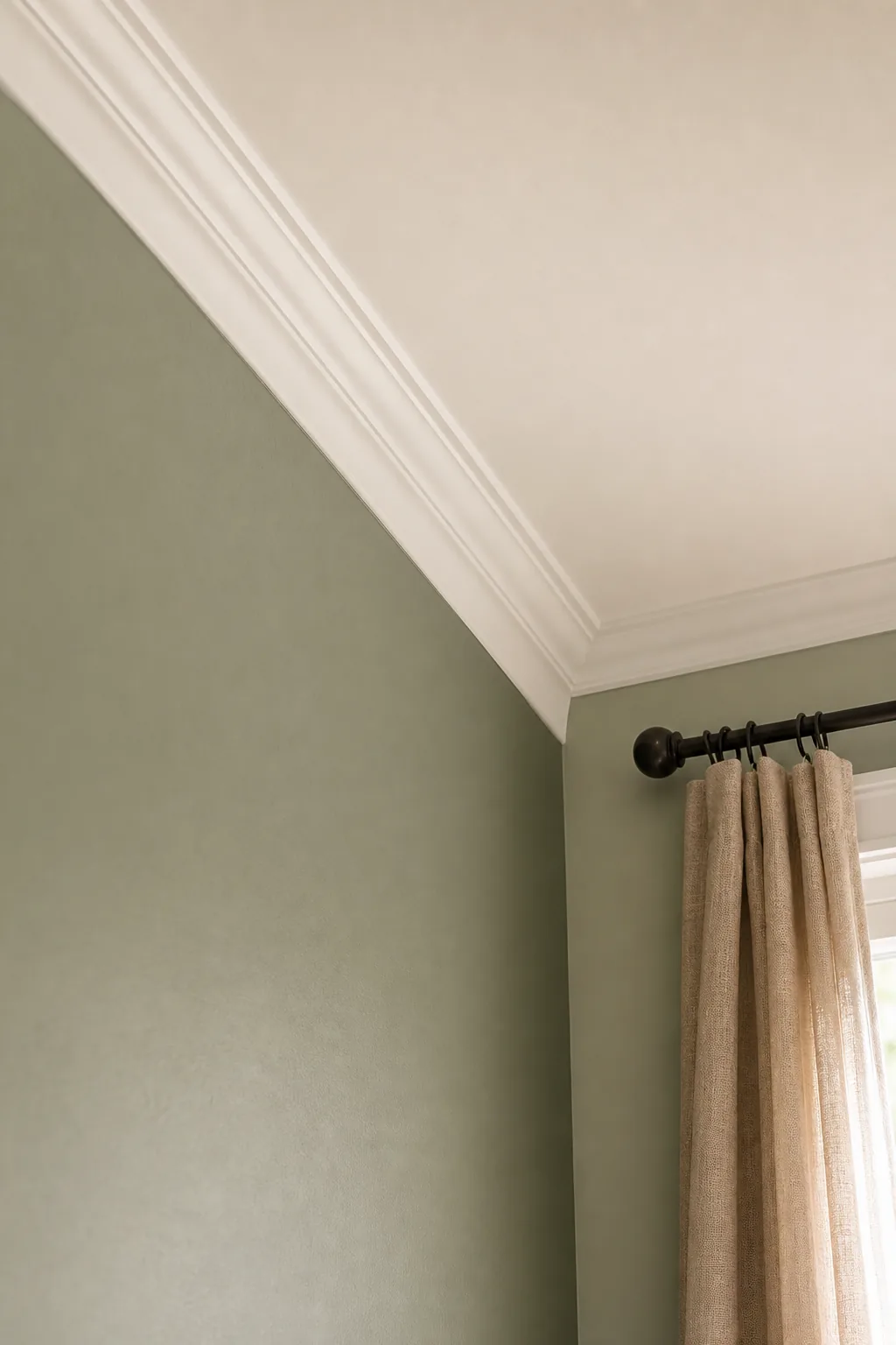 View looking up at the transition between a sage green wall and a softly tinted ceiling.