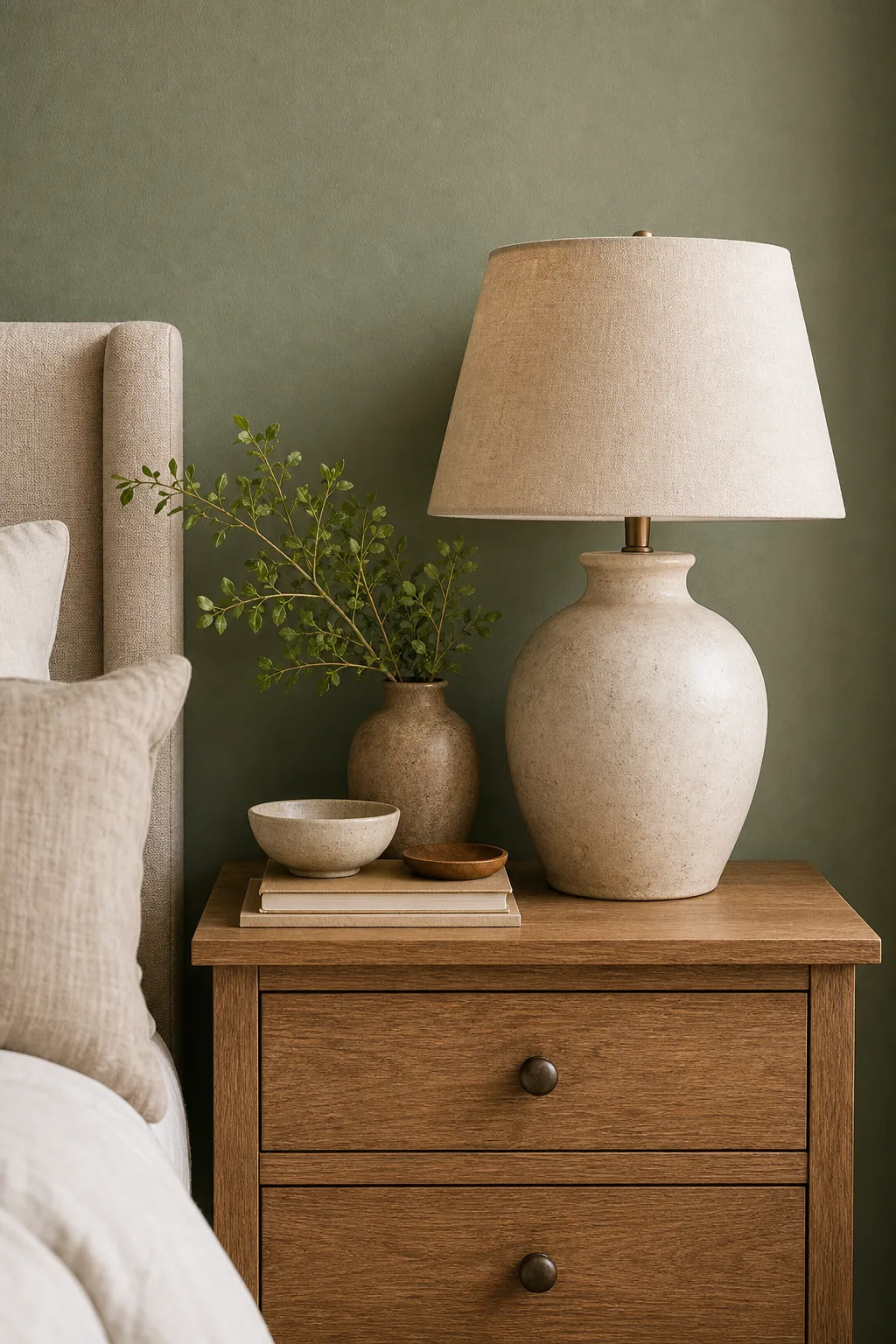 Warm wood nightstand and ceramic lamp against a cool green wall.