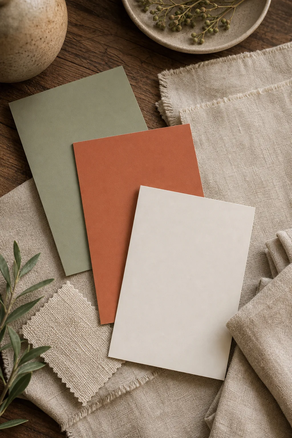 Overhead view of sage green, terracotta, and white paint swatches mixed with linen fabric.
